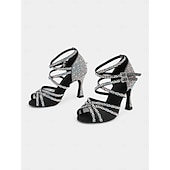 cheap Latin Shoes-Red Rhinestone-Studded Latin Dance Sandals with Buckle Detail – Perfect for Social Dance, Competitions, and Performances