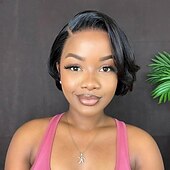 abordables Pelucas delanteras del cordón de cabello natural-Pelucas de cabello humano con corte pixie bob corto de 13x4x1 con encaje frontal, transparente, liso, para mujeres negras, peluca para usar y llevar
