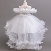 preiswerte Kleider für die Blumenmädchen-Blumenmädchenkleid Mädchen Formelle Kleidung Prinzessinenkleid Party Kleid Hochzeit Besondere Anlässe bezaubernd Süß Rüschen Zip Feste Farbe Kurzarm Rundhalsausschnitt Weiß Champagner 4-13 Jahre