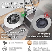 cheap Kitchen Utensils &amp; Gadgets-3 in 1 Kitchen Sink Stopper, Pop Up Kitchen Sink Drain Strainer, with An Extra Basket Strainer, Kitchen Sink Drain Stopper for US Standard 3-1/2 Inch, Brass Material Electroplate Silver