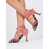 cheap Latin Shoes-Red Rhinestone-Studded Latin Dance Sandals with Buckle Detail – Perfect for Social Dance, Competitions, and Performances