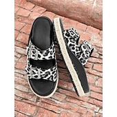levne Sandály na dovolenou-dámské černobílé sandály s leopardím vzorem s přezkami a jutovým lemem – pohodlné a trendy na běžné nošení i na dovolenou