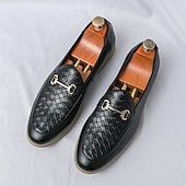 levne Poloformální-pánské bílé nazouváky z umělé kůže s tkaným detailem a zlatou přezkou – elegantní neformální obuv do práce i na formální příležitosti