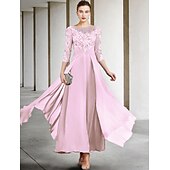 billiga Golvlängd-A-linjeformad klänning för brudens mor bröllopsgäst elegant plus size juvelhals ankellängd chiffong spets 3/4 längd ärm med ruched paljetter applikationer gratis anpassad storlek