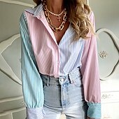 voordelige Vrouwen vakantie tops-Dames Overhemd Gestreept Dagelijks Stijlvol Basic Lange mouw Overhemdkraag Normale tops Werk Dagelijks Feestdagen Knop Blozend Roze Lente Herfst