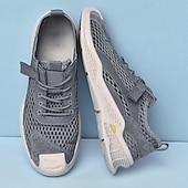 cheap Men&#039;s Sneakers-Men&#039;s Beige Mesh Sneakers with Lace-up &amp; Velcro Strap, Breathable Casual Sports Shoes for Summer