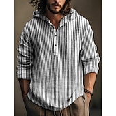 cheap Men&#039;s Popover Shirts-Men&#039;s Button Up Shirt Hooded Shirt Black khaki Long Sleeve Stripes Hooded Vacation Casual Hooded Clothing Apparel Polyester Fashion