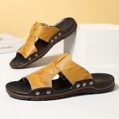 abordables Sandales habillées-sandales décontractées à enfiler en cuir jaune pour hommes avec détails cloutés, chaussures d&#039;extérieur confortables pour l&#039;été