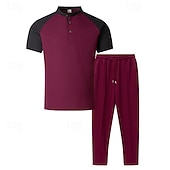 preiswerte Basic T-Shirts für Herren-Herren T-Shirt Anzüge T-Shirts und lange Hosen mit Kordelzug 2-teiliges Outfit Kurzarm Henley Sommer Frühling Farbblock Mode Lässig 2 teilig Urlaub Alltagskleidung Ausgehen Wein Grün Khaki Top