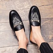 preiswerte Halbformell-Schwarze Slipper für Herren mit geprägtem Logo und goldenem Akzent, lässige flache Schuhe für den Alltag und das Büro