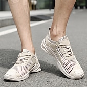 cheap Men&#039;s Sneakers-Men&#039;s Beige Mesh Sneakers with Lace-up &amp; Velcro Strap, Breathable Casual Sports Shoes for Summer