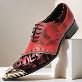 baratos Sapatos Sociais Elementares-Sapatos de Vestir em Couro Vermelho Premium Masculinos com Estampa Artística e Detalhe Studded com Ponta Dourada–Calçados Formais Estilosos para Ocasiões Especiais
