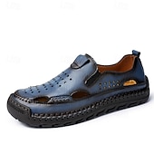 cheap Casual Sandals-Men&#039;s Brown Leather Slip-On Sandals with Perforated Detailing and Stretch Panels – Comfortable and Stylish for Casual Wear, Outdoor and Summer Activities