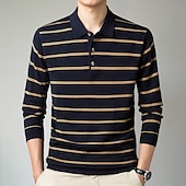 preiswerte Herren Elite Polo-Herren-Poloshirt aus Wolle, Strick, Polopullover, formell, Arbeit, Umlegekragen, langärmlig, modern, bequem, gestreift, Knöpfe, Streifen, Frühling, Frühling &amp; Herbst, normale Passform, Marineblau, Blau, Dunkelgrün, Braun, Polo