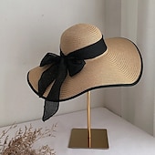 economico Accessori-cappello di paglia a tesa larga per donna, protezione solare estiva, cappello a tesa larga, cappello da spiaggia con fiocco da mare, cappello da sole