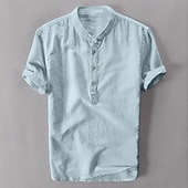 Men's Band Collar Shirt Popover Shirt Summer Shirt Beach Wear Casual Shirt Plain Outdoor Holiday White Blue Green Gray Short Sleeve Henley Spring & Summer Clothing Apparel 13