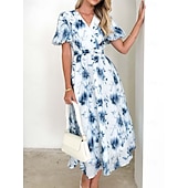 cheap Dresses-Retro Vintage 1950s Midi Dress Wrap Dress Flare Dress Puff Sleeve Floral A-Line V Neck Women&#039;s Masquerade Wedding Vacation Tea Party Adults&#039; Dress