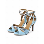 abordables Chaussures de danses latines-sandales de danse à lanières métalliques bleues et argentées pour femmes – talon haut, design croisé réglable, idéales pour les spectacles de danse