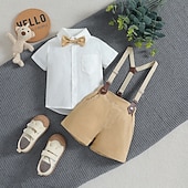 abordables Costume formel pour garçon-3 Pièces Costume de Porteur d&#039;Alliance  Garçon Enfants Bébé Chemise &amp; Short Ecole Formel Soirée Mode Doux Couleur unie Col en V Blanche Coton