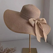 economico Accessori-cappello di paglia a tesa larga per donna, protezione solare estiva, cappello a tesa larga, cappello da spiaggia con fiocco da mare, cappello da sole
