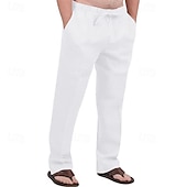 cheap Classic-Men&#039;s Linen Pants Trousers Summer Pants Beach Pants Pocket Drawstring Elastic Waist Plain Comfort Breathable Vacation Daily Holiday Hawaiian Boho ArmyGreen Black