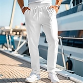 cheap Holiday-Men&#039;s Linen Pants Trousers Summer Pants Beach Pants Drawstring Elastic Waist Straight Leg Plain Comfort Breathable Casual Daily Holiday Fashion Classic Style Black White