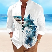 economico Stampa oceanica-Per uomo Squalo Tartarughe Creature marine Camicia camicia di lino Camicia hawaiana Manica lunga Informale Da mare Per eventi Abbigliamento mare Estate Primavera Colletto Mao Stampa 3D Bottone giù