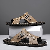 abordables Sandalias casuales-Sandalias casuales marrones para hombre con tira de cuero y elegantes detalles de costura: cómodas para usar a diario, en la playa y para salidas relajadas