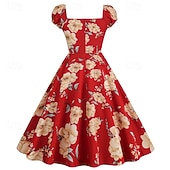 billige Outfits-Set 1950s Retro Vintage Rockabilly Tea Length Knee Length Dress Petticoat Tea Dress with Accessories Floral Fit &amp; Flare Swing Fancy Dress Women's Christmas Carnival New Year Revival Tea Party Adults'