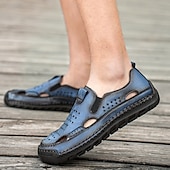 cheap Casual Sandals-Men&#039;s Brown Leather Slip-On Sandals with Perforated Detailing and Stretch Panels – Comfortable and Stylish for Casual Wear, Outdoor and Summer Activities