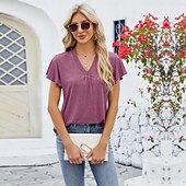 billige Plain t-skjorte-Dame Boho T-skjorte عادي Bohem søt stil Stilfull Kortermet Sommerfuglermer V-hals Vanlige topper Daglig Ut på byen Helg Drapering Svart Hvit Rosa Blå Fuksia Sommer