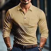 abordables Polo géométrique pour homme-Homme Géométrique Polo manche longue Polos Chemises à Col Vêtement décontracté de travaile Affaires Athleisure Tenue quotidienne Boutons Impression 3D Printemps Automne Hiver Blanche Bleu Marron