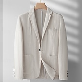 billiga Herrars klassiska kavajer-Herr Linne blazer Kavaj Företag Cocktailfest Bröllopsfest Mode Ledigt Vår Höst Ramie Ensfärgat Ficka Knappar Bekväm Enkelknäppt Blazer Svart Vinröd Marinblå Armégrön