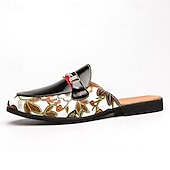 cheap Semi-Formal-Men&#039;s Slip-On Mules with Glossy Black Patent Leather and Floral Print Design, Adjustable Strap, Perfect for Casual and Fashionable Occasions