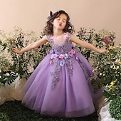billige Blomsterkjoler-Blomsterpikekjole Barn Jente Prinsesse kjole Ytelse Bryllup Fest Elegant Vakker Netting Helfarge Ermeløs Crew-hals Lilla 4 år +