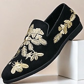 levne Poloformální-pánské černé semišové slip-on mokasíny se zlatou květinovou a včelí výšivkou – elegantní neformální obuv na svatby, večírky a formální události