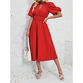 cheap Dresses-Retro Vintage 1950s Midi Dress Flare Dress Puff Sleeve Solid Color A-Line V Neck Women&#039;s Masquerade Wedding Vacation Tea Party Adults&#039; Dress