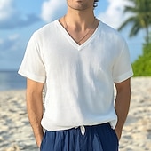 billiga Våffelstickad t-shirt-Herr Waffle Henley Shirt T-tröja Kortärmad V-hals Sommar Ensfärgat Mode Designer Bekväm V-ringad Utomhus Ledigt Dagligen Vit Topp t-shirt för män