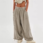 ieftine Pantaloni din bumbac simplu-pantaloni din bumbac și pânză pentru femei, îmbrăcăminte stradală la modă, confort, lungime, talie înaltă, șnur simplu, talie elastică, șnur confortabil în aer liber, ținută confortabilă de zi cu zi