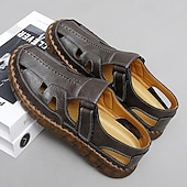 cheap Casual Sandals-Men's Brown Faux Leather Fisherman Sandals with Velcro Strap, Breathable Design and Comfortable Sole for Summer, Outdoor Activities and Beach Wear
