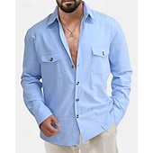 cheap Business Casual-Men&#039;s Shirt Linen Shirt Casual Shirt Button Up Shirt Cotton Shirt Plain Vacation Hawaiian Black White Pink Beige Long Sleeve Lapel Summer Spring Clothing Apparel Front Pocket