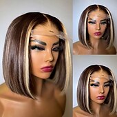 voordelige Pruiken van echt haar, met kanten voorzijde-Onverwerkt maagd haar 5x5 Sluiting 4x13 Sluiting Pruik Korte bob Braziliaans haar Recht Meerkleurig Pruik 130% 150% Haardichtheid Haar met highlights / balayage 100% Maagd lijmloze Pre-geplukt Voor