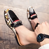 cheap Semi-Formal-Men&#039;s Slip-On Mules with Glossy Black Patent Leather and Floral Print Design, Adjustable Strap, Perfect for Casual and Fashionable Occasions