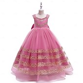baratos Vestidos para Menina das Flores de Casamento-Princesa Longo Vestido para Meninas das Flores Festa de Casamento Meninas Lindo Vestido de Baile Renda com Apliques Estilo real Arco-Íris Ajuste 3-16 anos