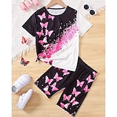 abordables Visión 3D de la Chica &amp; Brillo-Chica 3D Graphic Mariposa Camiseta y Bermudas Conjunto Manga Corta Verano Primavera Deportes Moda Diario Niños 4-12 años Cuello Barco Exterior Vacaciones Deportes A Medida