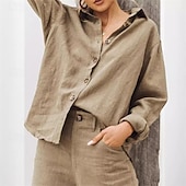 voordelige Overhemden-Dames Overhemd Katoenen linnen overhemden Linnen overhemd Knoop omhoog Effen Dagelijks Stijlvol Basic Lange mouw Overhemdkraag Normale tops Werk Dagelijks Feestdagen Knop Zwart Wit Khaki Lente Herfst