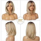 economico Parrucche trendy sintetiche-parrucche bionde per donne parrucca biondo chiaro ombré con frangia parrucca sintetica a strati di media lunghezza radici scure per feste quotidiane