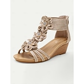 tanie Kobiety-damskie sandały na koturnie w stylu boho z kwiatowym wzorem – romantyczne letnie sandały gladiatorki z odkrytymi palcami i elastycznymi paskami na plażę i na co dzień