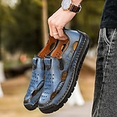 cheap Casual Sandals-Men&#039;s Brown Leather Slip-On Sandals with Perforated Detailing and Stretch Panels – Comfortable and Stylish for Casual Wear, Outdoor and Summer Activities