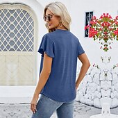 billige Plain t-skjorte-Dame Boho T-skjorte عادي Bohem søt stil Stilfull Kortermet Sommerfuglermer V-hals Vanlige topper Daglig Ut på byen Helg Drapering Svart Hvit Rosa Blå Fuksia Sommer